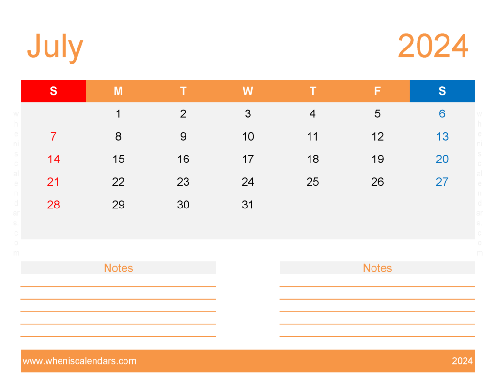 Download Blank July 2024 Calendar editable Letter Horizontal 74256