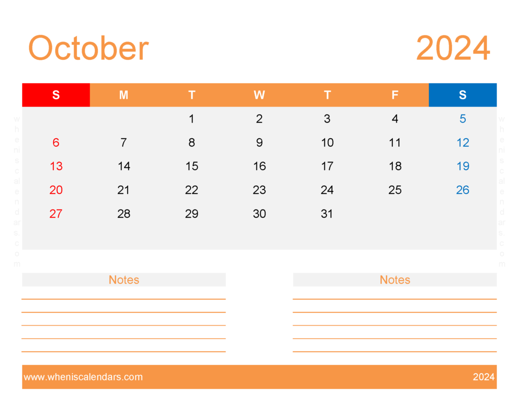 Download Blank October 2024 Calendar editable Letter Horizontal 104256