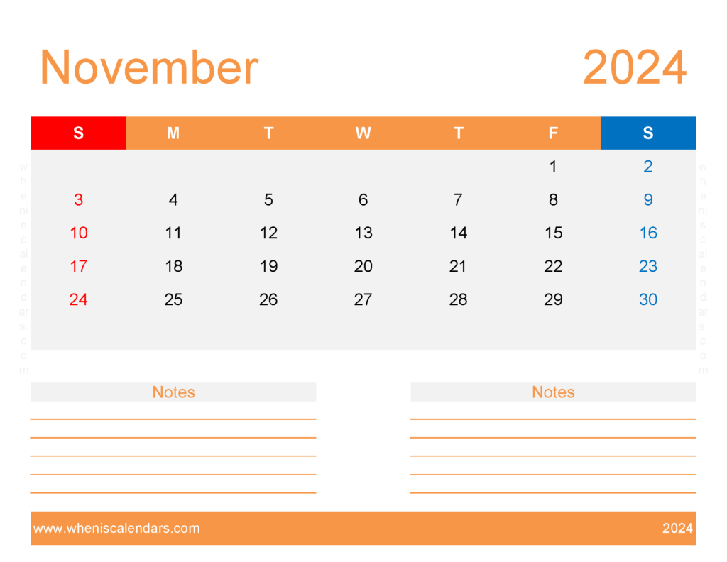 Download Blank November 2024 Calendar editable Letter Horizontal 114256