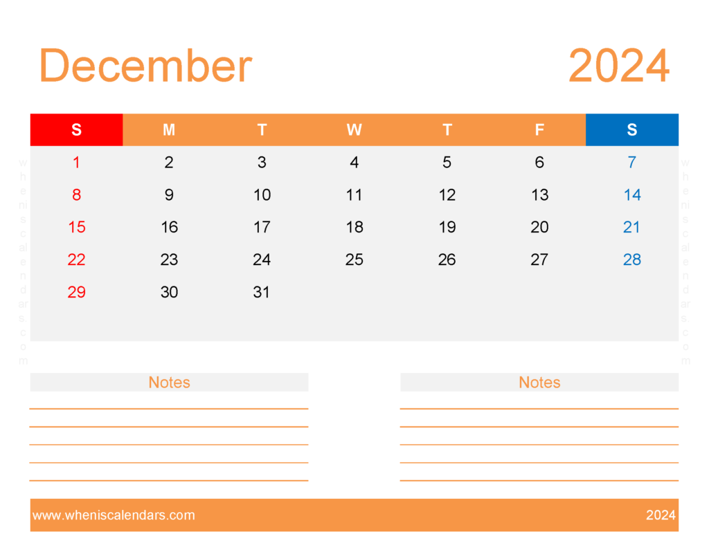 Download Blank December 2024 Calendar editable Letter Horizontal 124256