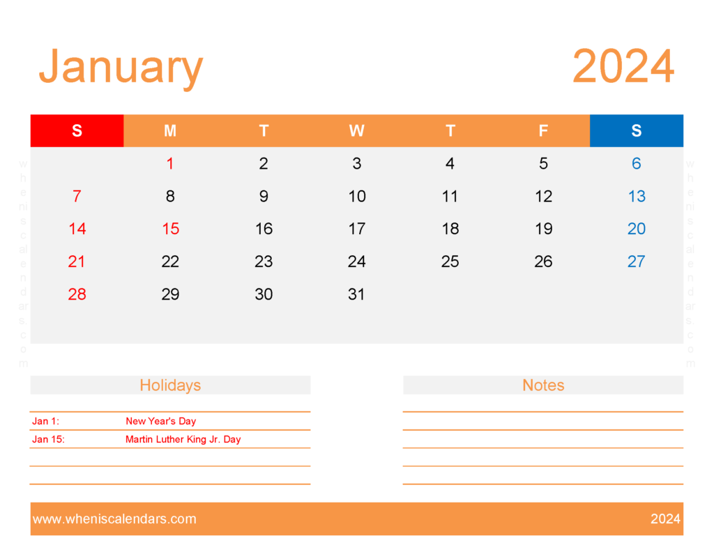Download January 2024 Calendar excel Template Letter Horizontal J4176
