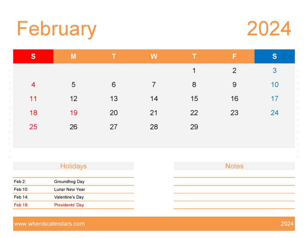 Download February 2024 Calendar excel Template Letter Horizontal 24176