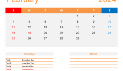 February 2024 Calendar Excel Template F2176