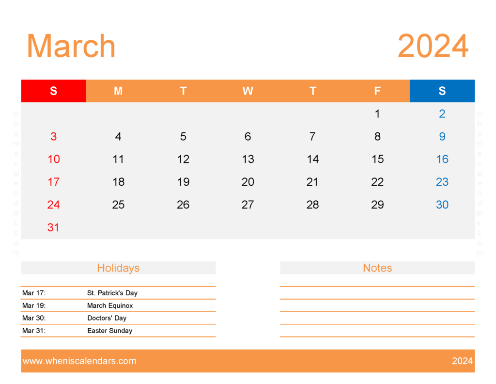 Download March 2024 Calendar excel Template Letter Horizontal 34176