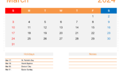 March 2024 Calendar Excel Template M3176