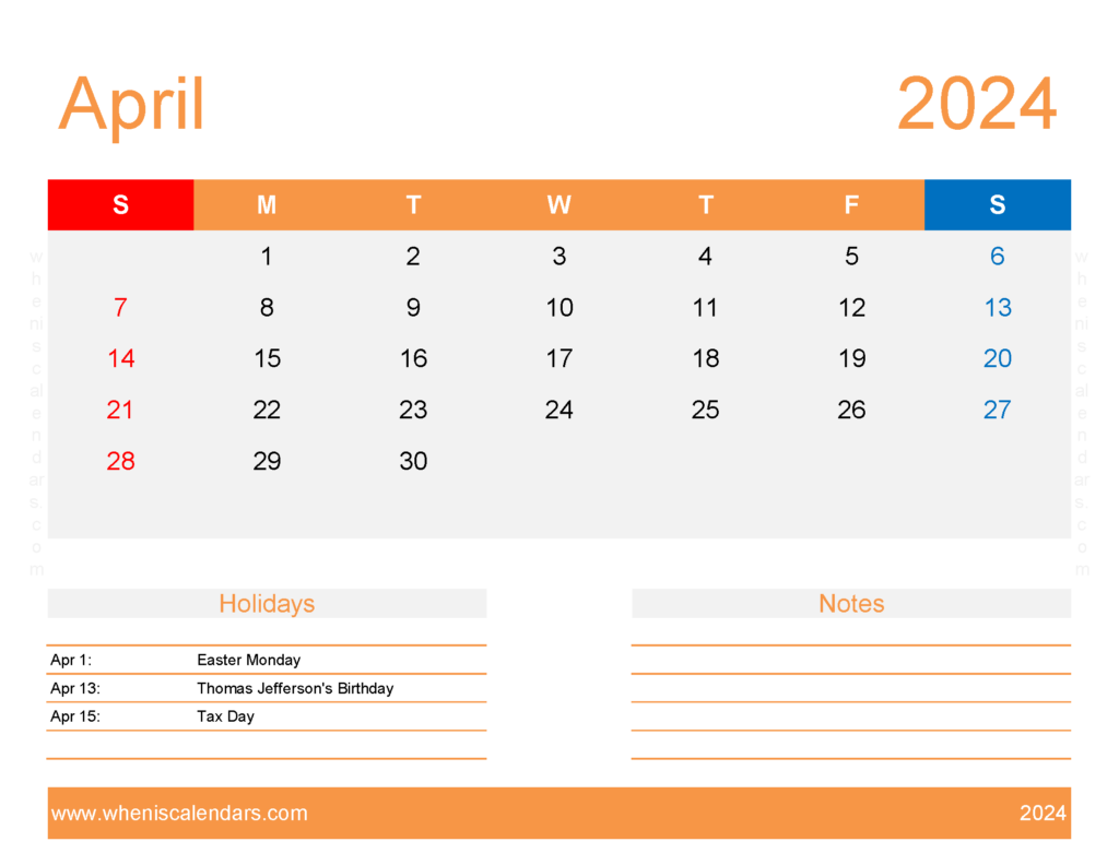 Download April 2024 Calendar excel Template Letter Horizontal 44176