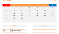 April 2024 Calendar Excel Template A4176