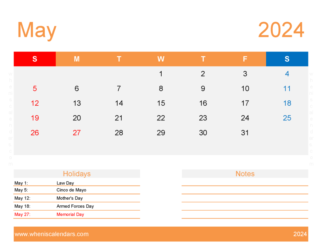 Download May 2024 Calendar excel Template Letter Horizontal 54176