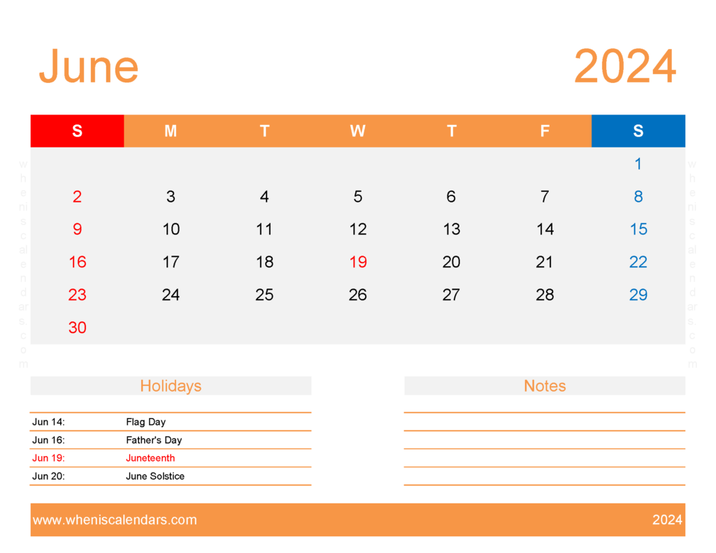 Download June 2024 Calendar excel Template Letter Horizontal 64176