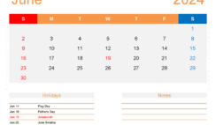 June 2024 Calendar Excel Template J6176