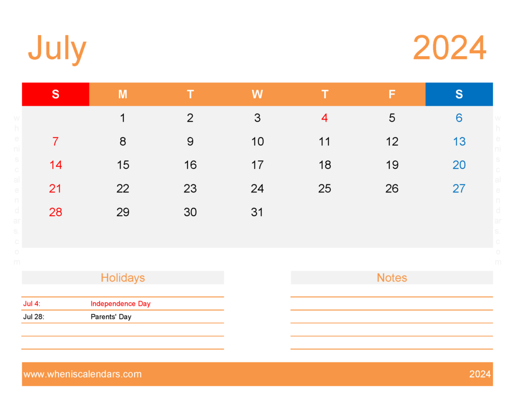 Download July 2024 Calendar excel Template Letter Horizontal 74176