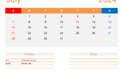 July 2024 Calendar Excel Template J7176