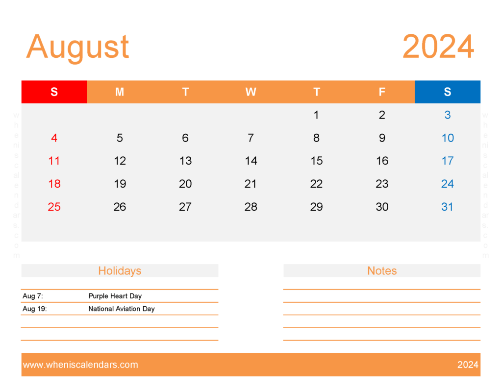 Download August 2024 Calendar excel Template Letter Horizontal 84176