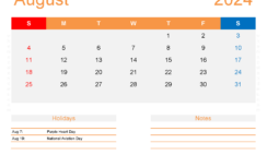 August 2024 Calendar Excel Template A8176