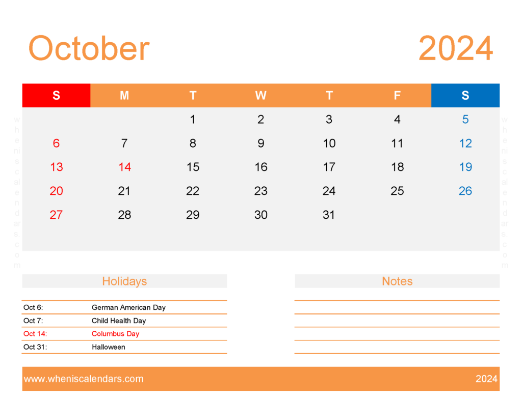 Download October 2024 Calendar excel Template Letter Horizontal 104176