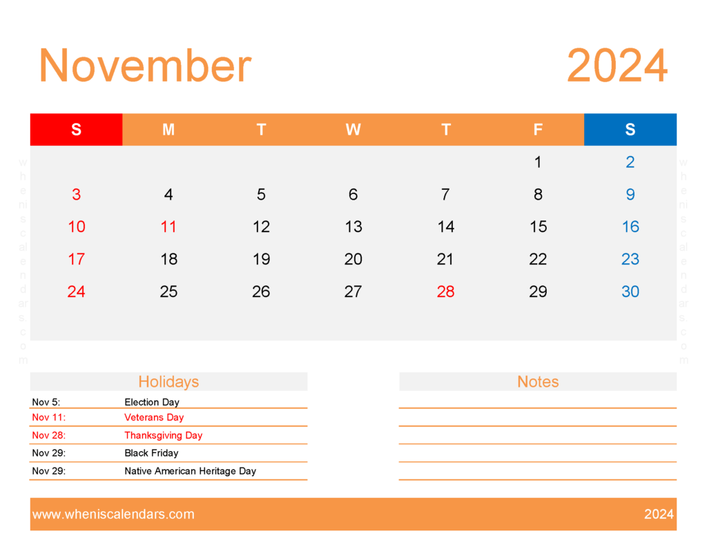 Download November 2024 Calendar excel Template Letter Horizontal 114176