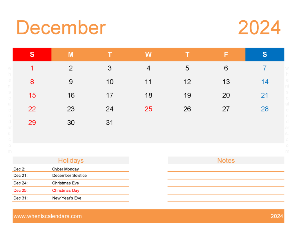 Download December 2024 Calendar excel Template Letter Horizontal 124176