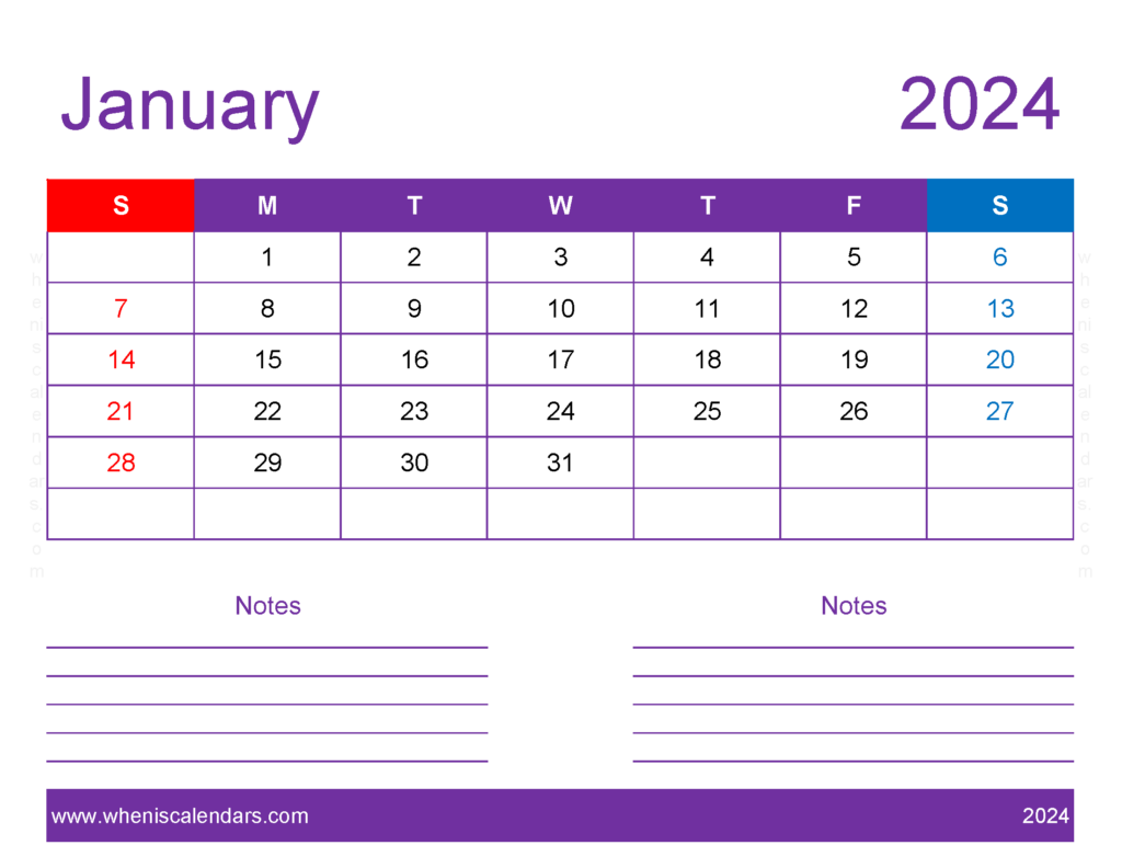 Download editable Calendar Jan 2024 Letter Horizontal J4257