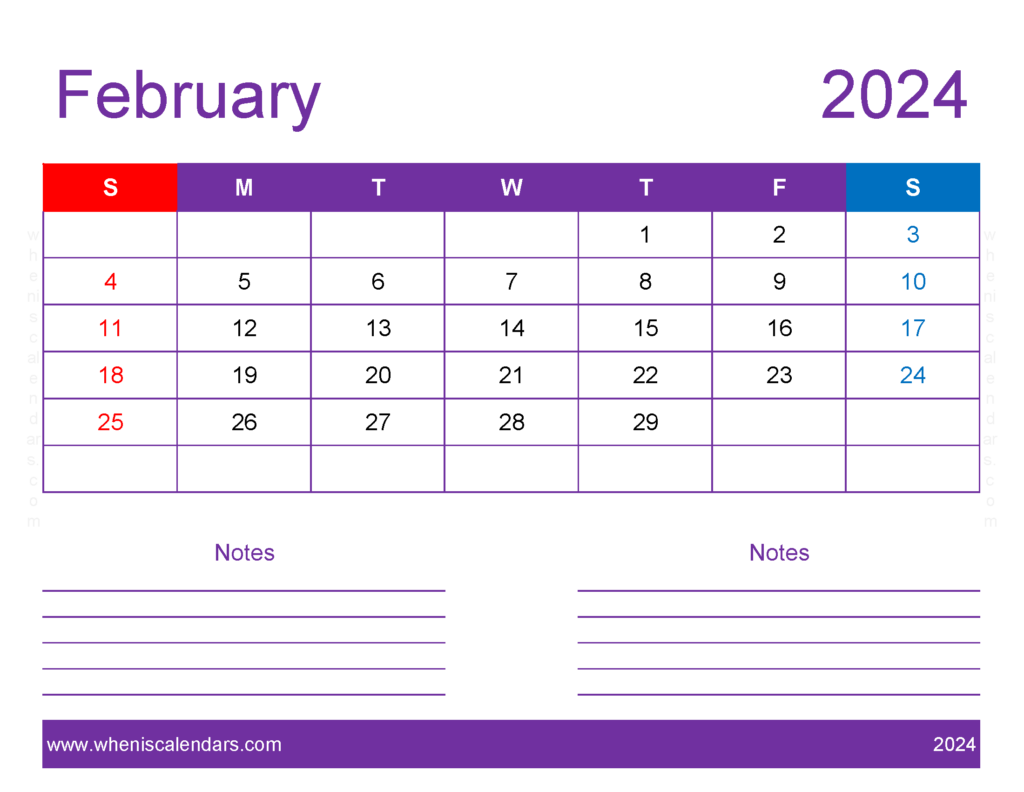 Download editable Calendar Feb 2024 Letter Horizontal 24257
