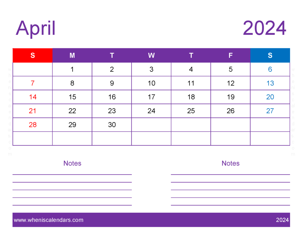 Download editable Calendar Apr 2024 Letter Horizontal 44257