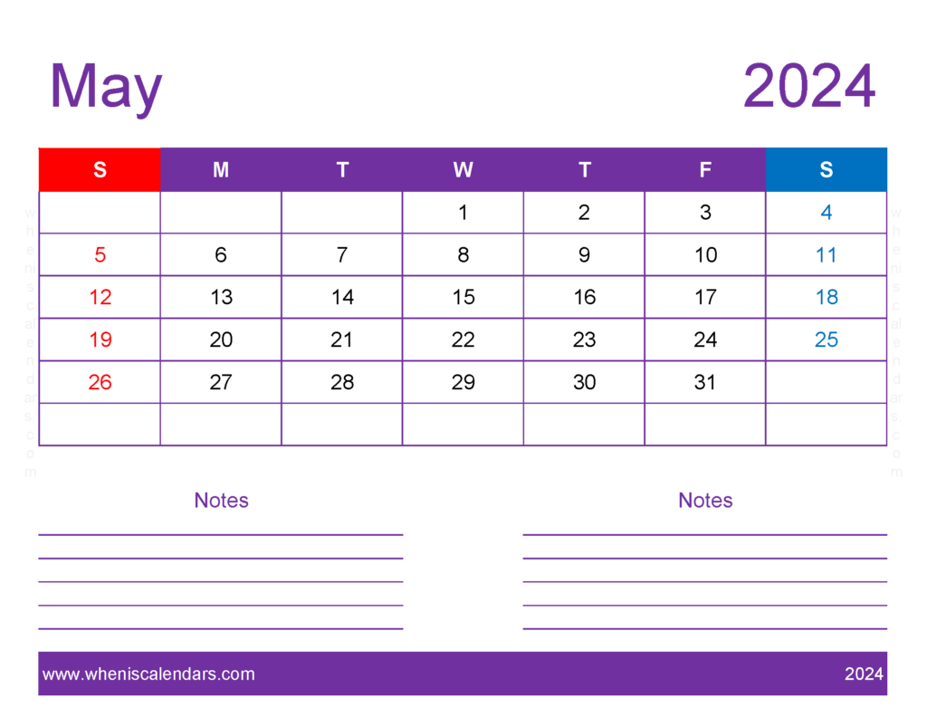 Download editable Calendar May 2024 Letter Horizontal 54257