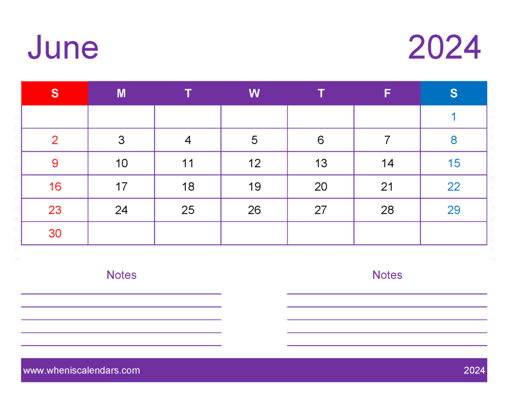Download editable Calendar Jun 2024 Letter Horizontal 64257