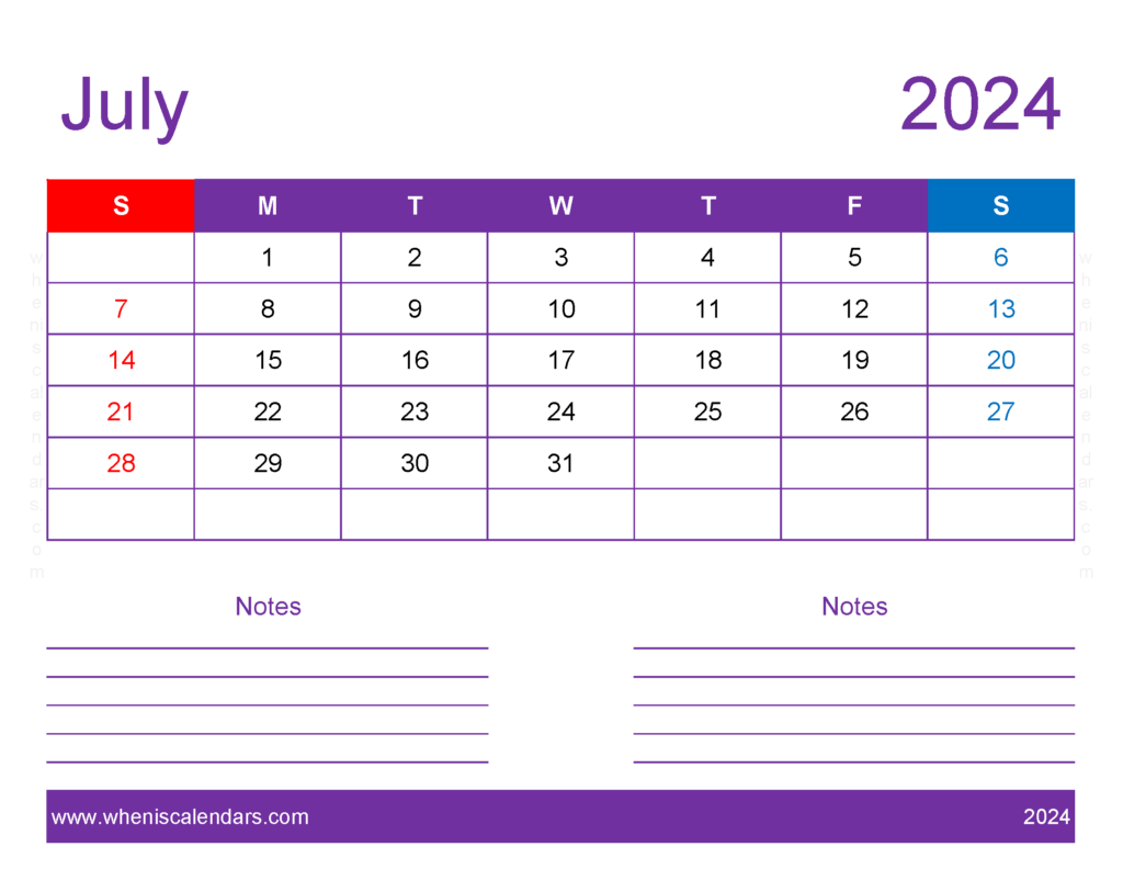 Download editable Calendar Jul 2024 Letter Horizontal 74257