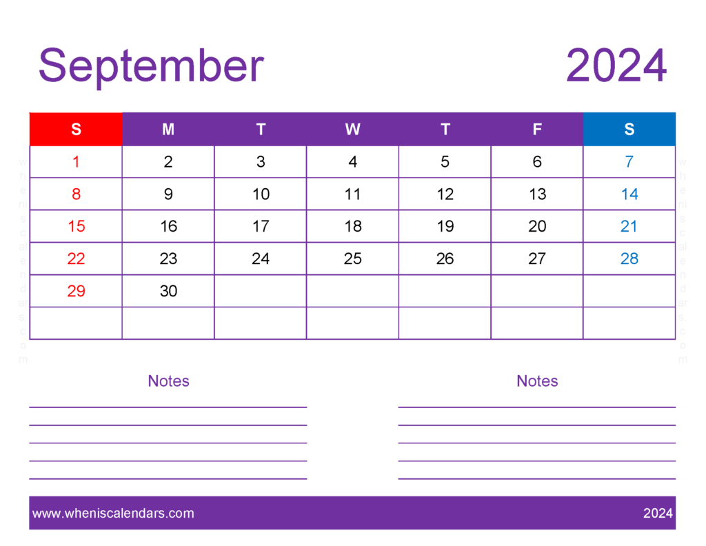 Download editable Calendar Sept 2024 Letter Horizontal 94257