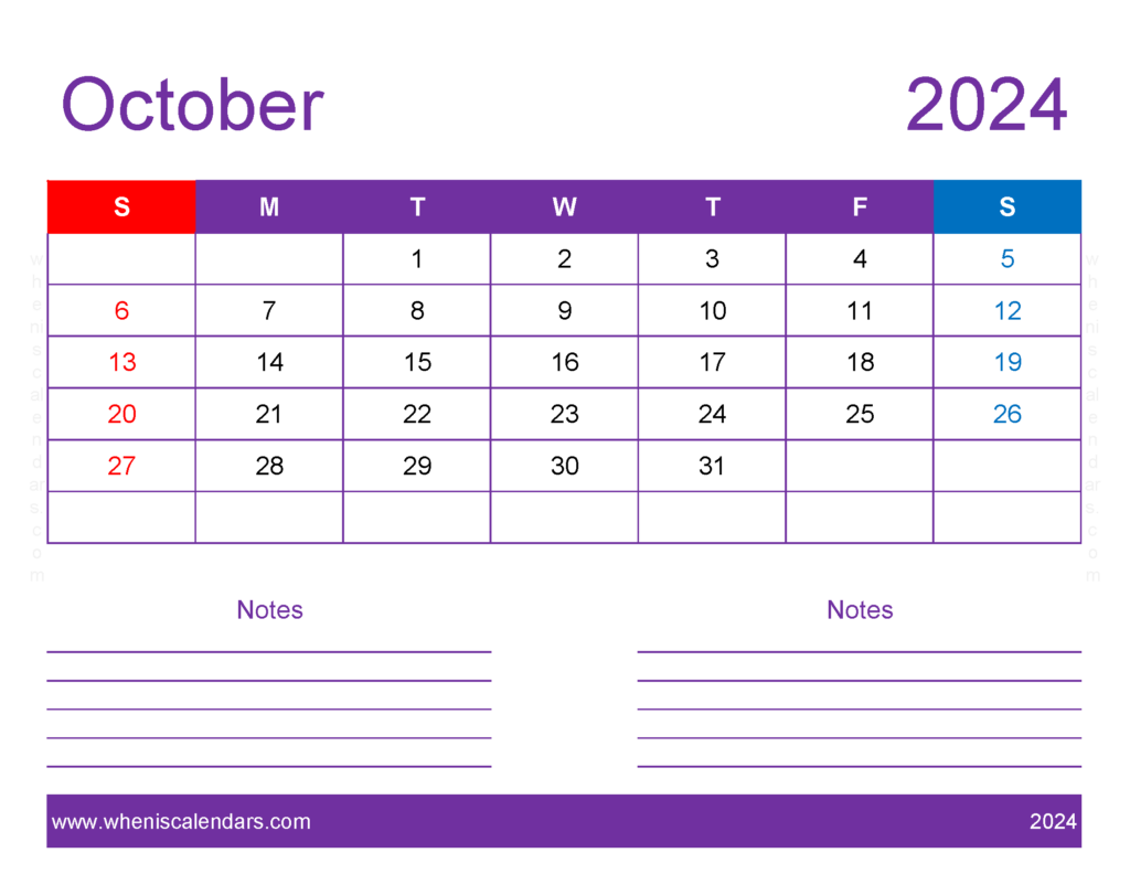 Download editable Calendar Oct 2024 Letter Horizontal 104257