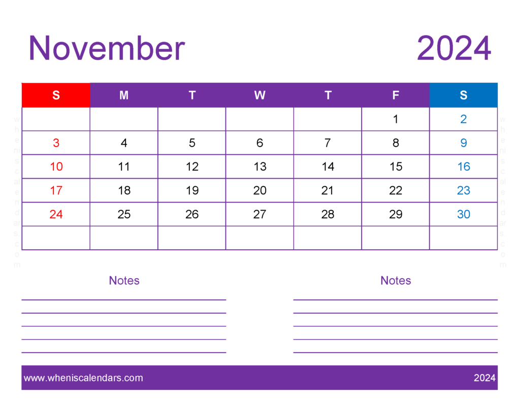 Download editable Calendar Nov 2024 Letter Horizontal 114257