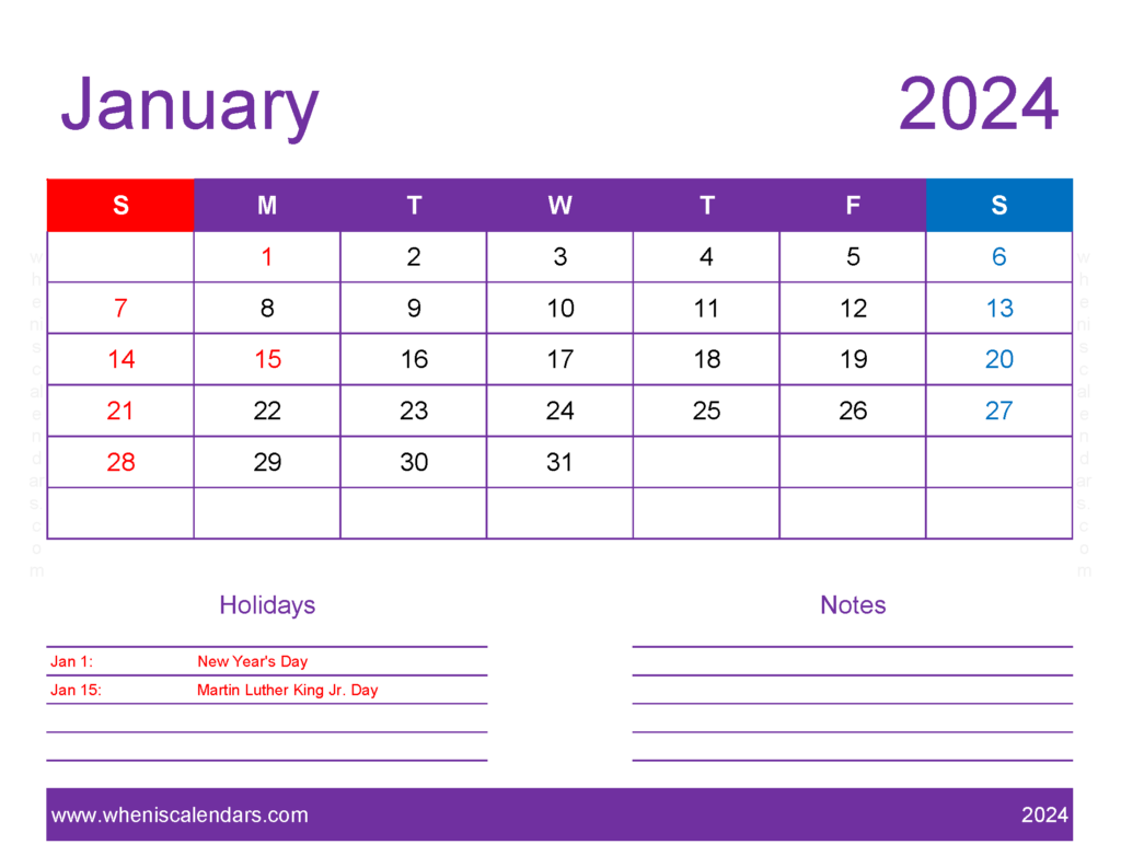 Download January 2024 Printable Calendar waterproof Letter Horizontal J4177