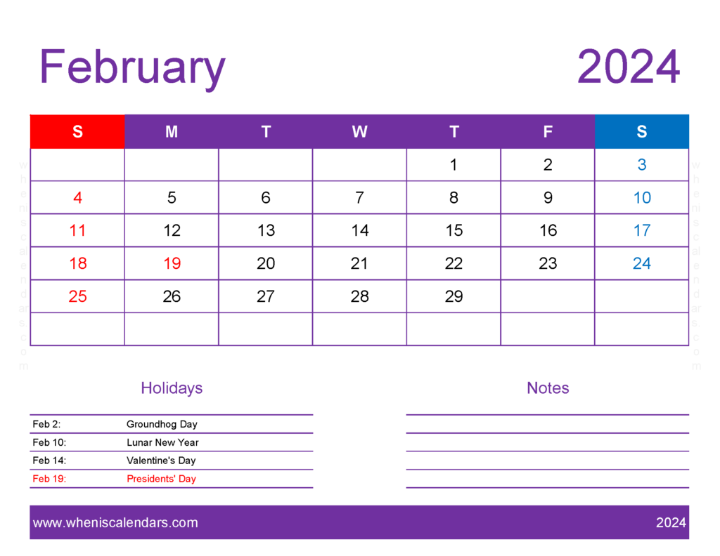 Download February 2024 Printable Calendar waterproof Letter Horizontal 24177