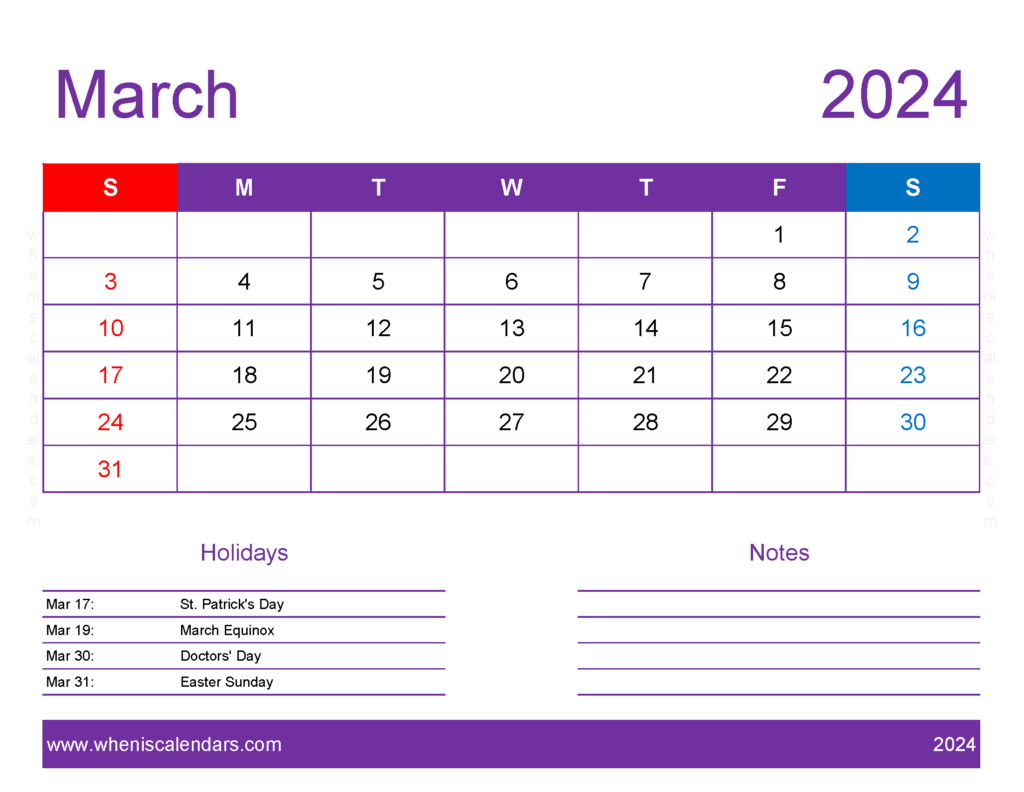 Download March 2024 Printable Calendar waterproof Letter Horizontal 34177