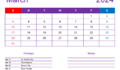 March 2024 Printable Calendar waterproof M3177