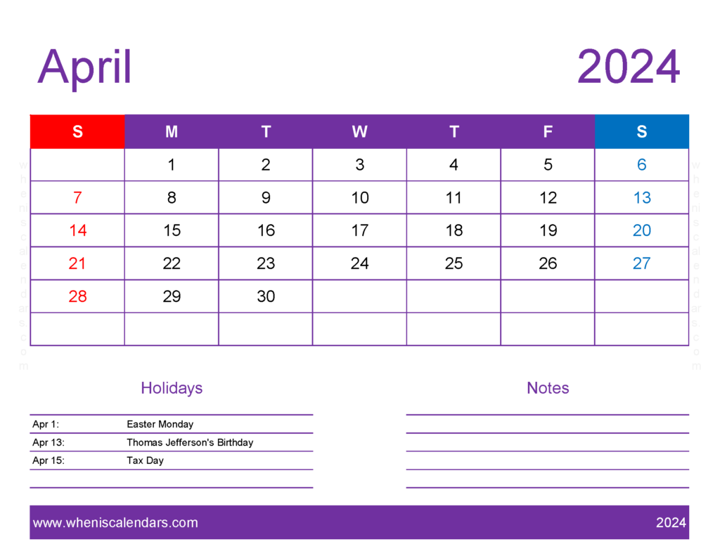 Download April 2024 Printable Calendar waterproof Letter Horizontal 44177