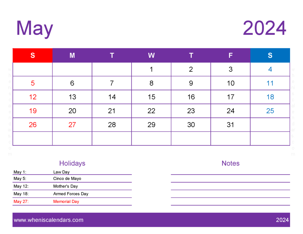 Download May 2024 Printable Calendar waterproof Letter Horizontal 54177