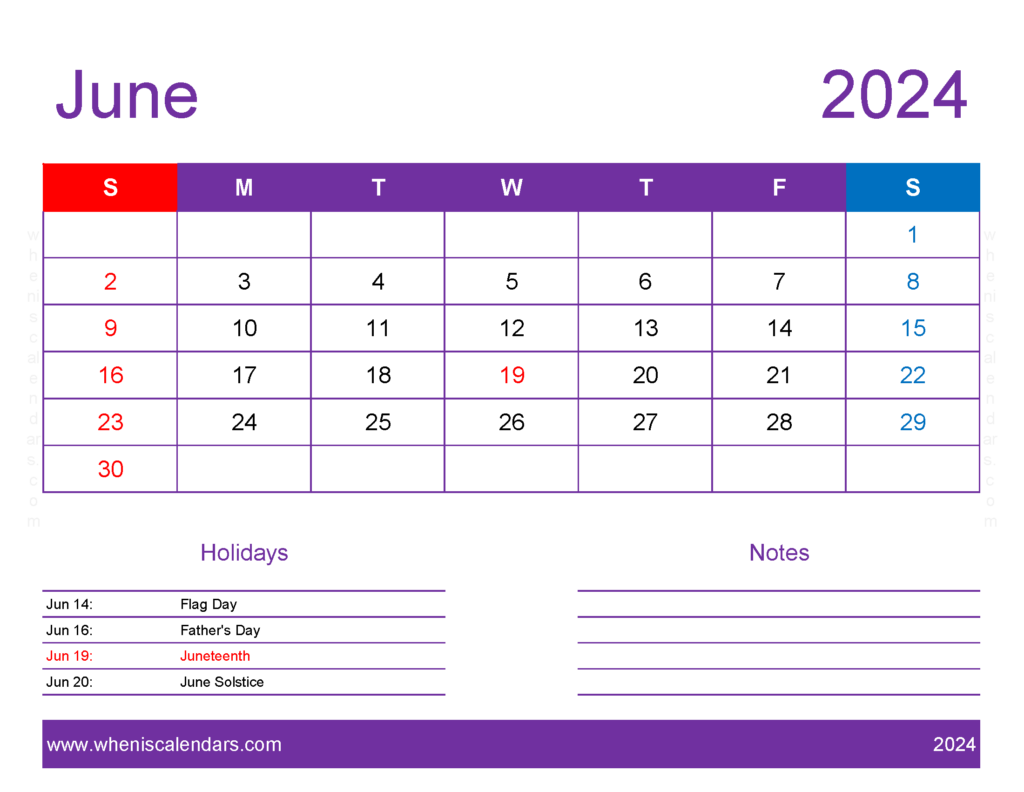 Download June 2024 Printable Calendar waterproof Letter Horizontal 64177