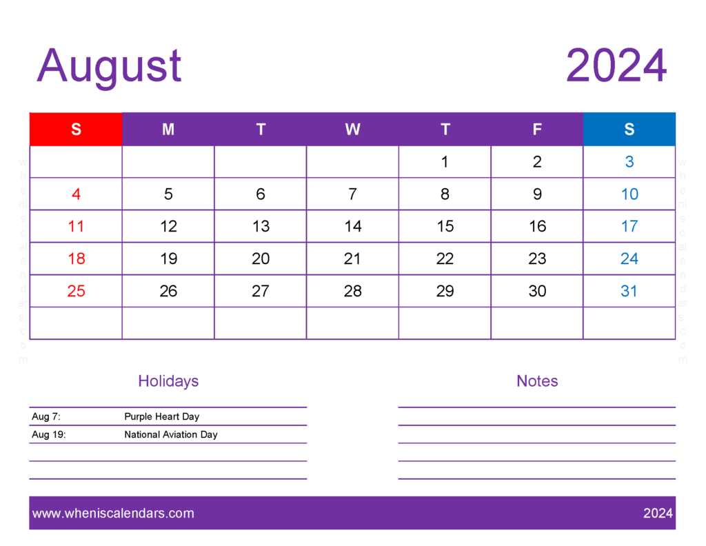 Download August 2024 Printable Calendar waterproof Letter Horizontal 84177