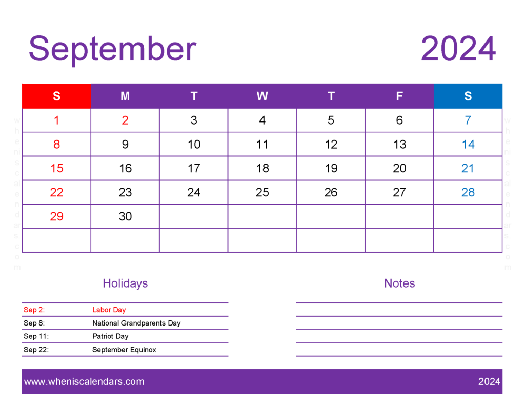 Download September 2024 Printable Calendar waterproof Letter Horizontal 94177