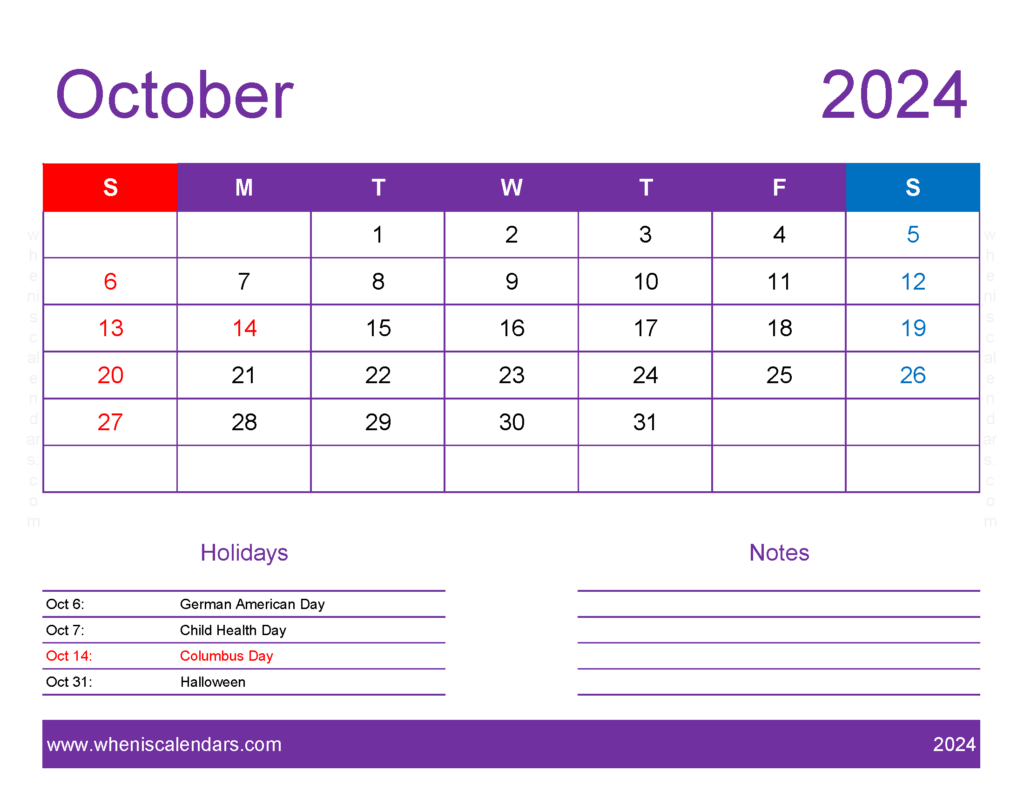 Download October 2024 Printable Calendar waterproof Letter Horizontal 104177