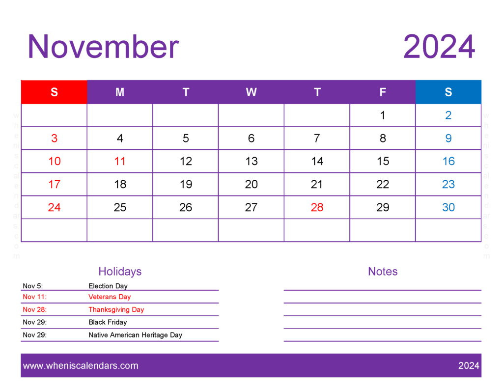 Download November 2024 Printable Calendar waterproof Letter Horizontal 114177