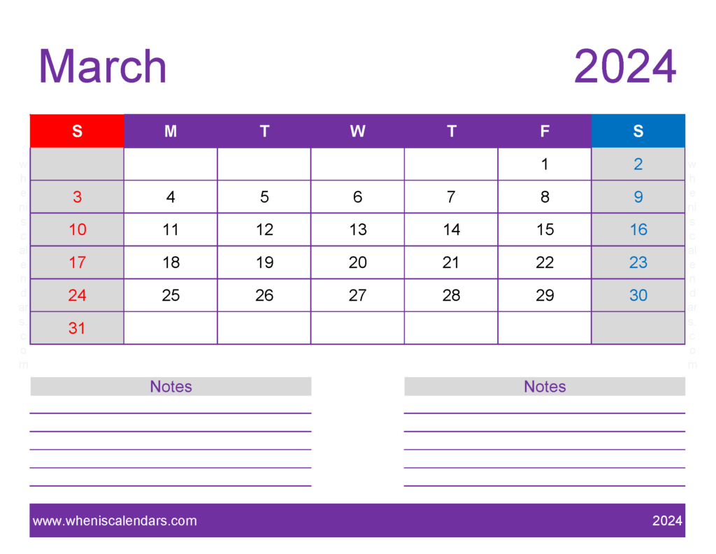 Download March 2024 monthly Calendar Template Letter Horizontal 34258