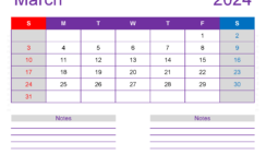 March 2024 Monthly Calendar Template M3258