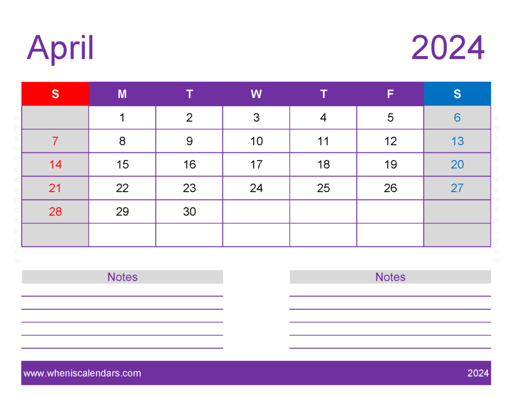 Download April 2024 monthly Calendar Template Letter Horizontal 44258