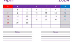 April 2024 Monthly Calendar Template A4258