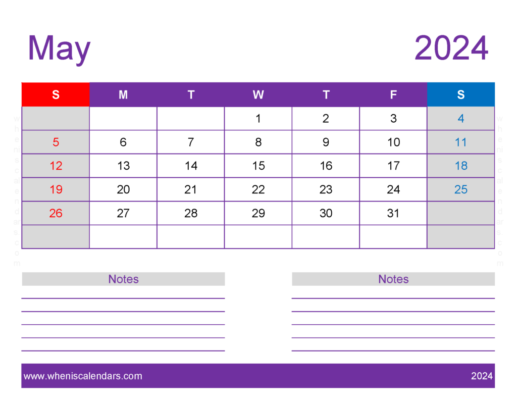Download May 2024 monthly Calendar Template Letter Horizontal 54258