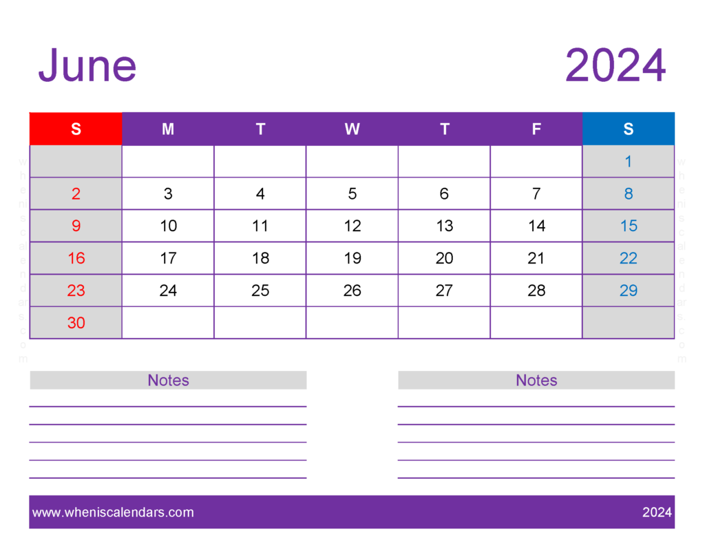 Download June 2024 monthly Calendar Template Letter Horizontal 64258