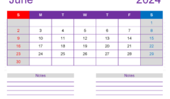 June 2024 Monthly Calendar Template J6258