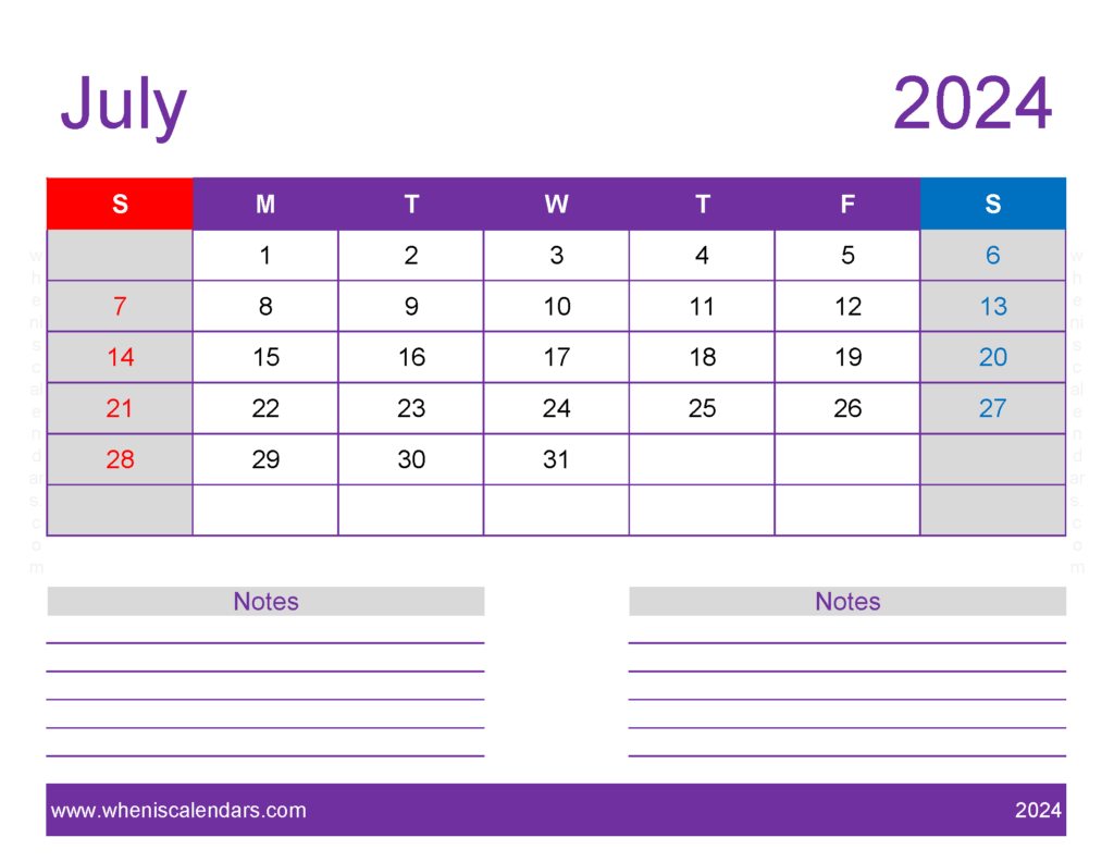 Download July 2024 monthly Calendar Template Letter Horizontal 74258