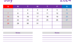 July 2024 Monthly Calendar Template J7258